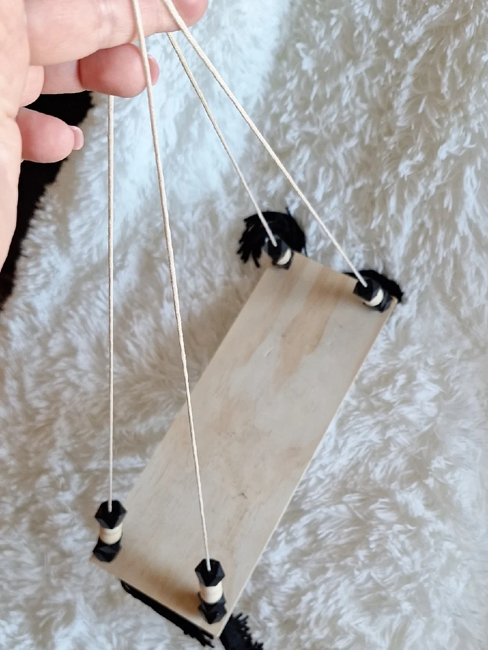 NIP Black and Natural Wood Beaded Hanging Shelf with Tassels, Set of 2